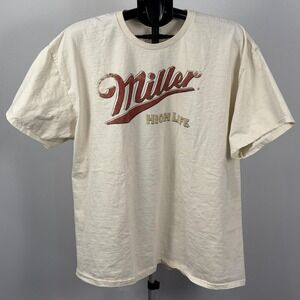 Miller‎ High Life Racing Shirt Mens 2XL Cream Beer Car Graphic Tee NASCAR